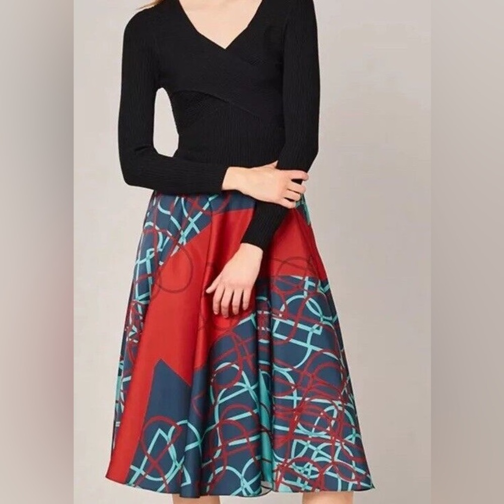 Maryling V Neck Knit Spliced Artistic Print Midi Dress Size S